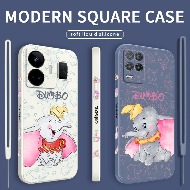

Cartoon Cute Dumbo Liquid Left Rope Phone Case For OPPO Realme GT2 Explorer Master Neo5 C21Y 10 9 8 4G 5G Pro Cover Coque Capa