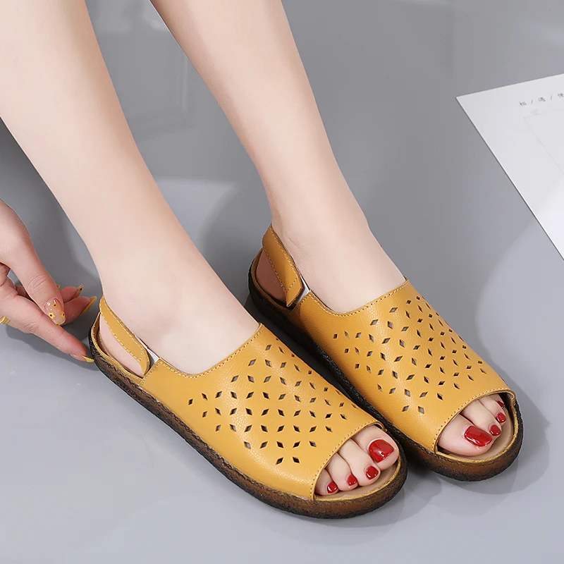 

Summer Women Hollow Yellow Peep Toe Sandals Plus Size 35-45 Genuine Leather Fashion Loafers Comfortable Oxford Pink Shoes