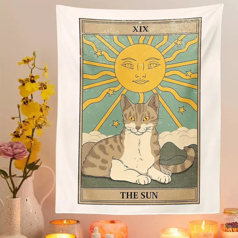 

Divination Witchcraft Tarot Card Tapestry Wall Hanging Tapestries Baphomet Occult Home Wall Moon phase Mat Decor Cat Coven