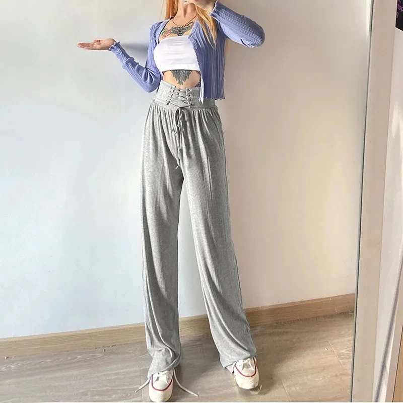 

Women solid Bandage Corset pants Vintage clothes dropshipping size punk streetwear harajuku high waist wide leg casual trousers