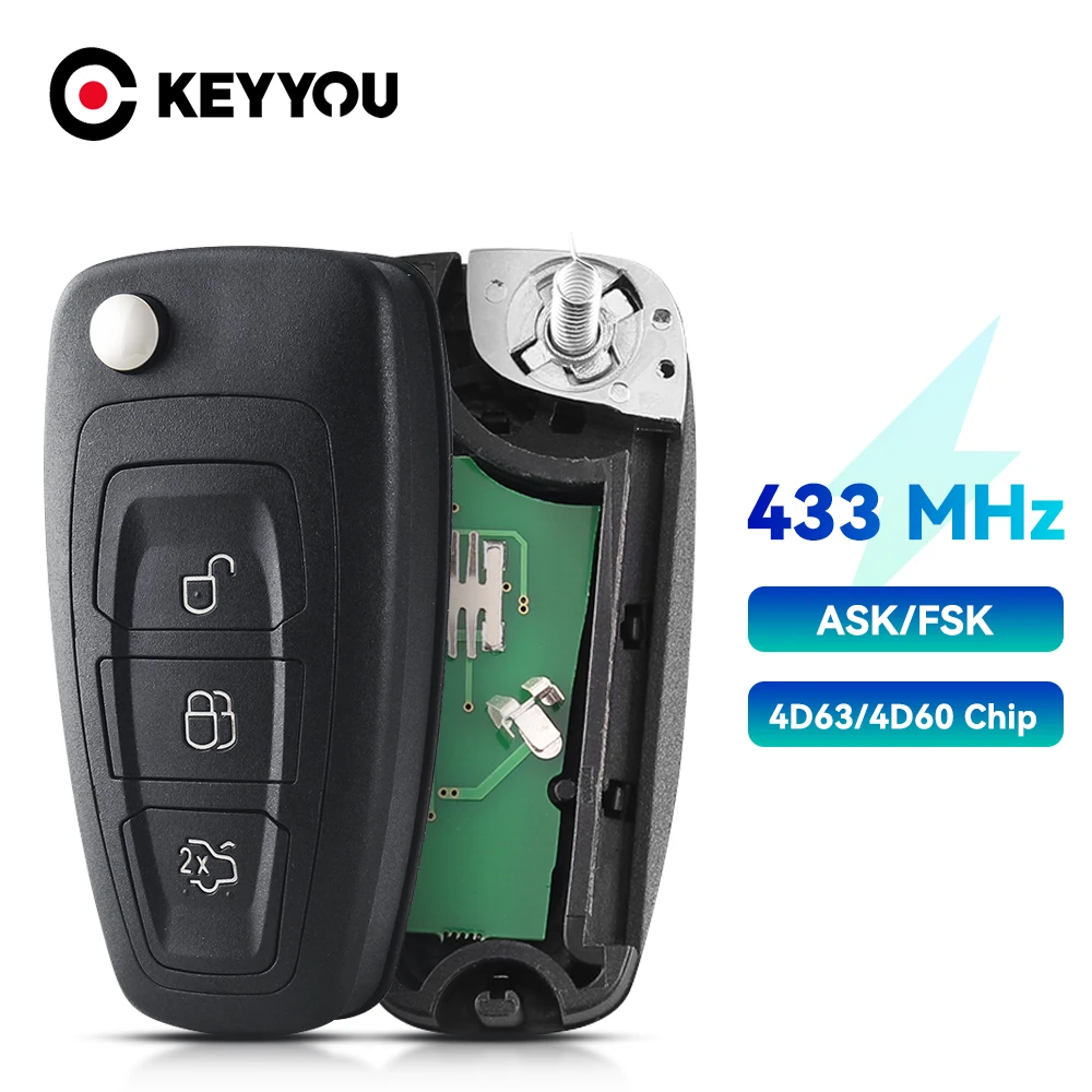 

KEYYOU 3 Button Replacement Flip Folding Remote Key For Ford Focus C-Max Mondeo Transit Fiesta 2013 HU101 Uncut Blade 433Mhz ASK
