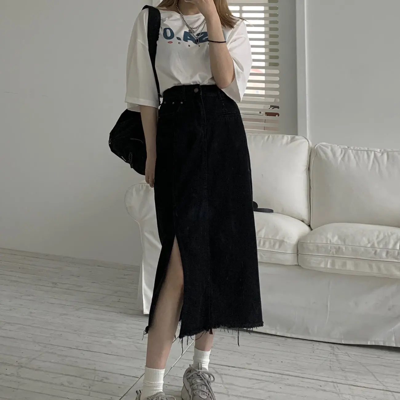 

New High Waist Split Denim Skirt Women 2022 Slim Harajuku Skirt Korean Fashion Clothing Black Mid Length Skirt Female