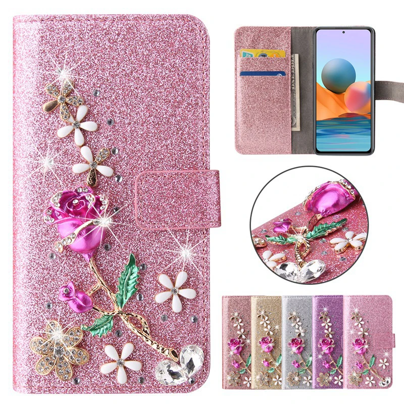 

Luxury Diamond Roses Wallet Case for Xiaomi Redmi Note 10 9 8 Pro Bling Glitter Powder Flip Cover For Poco X3 X3 Pro X3 NFC M3
