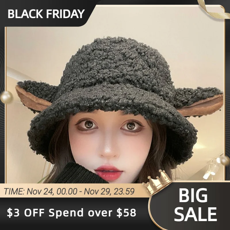 

Модная женская осенне-зимняя теплая плюшевая Рыбацкая Кепка, однотонная Панама с милыми овечьими ушками, однотонная шапка в стиле хип-хоп, ш...