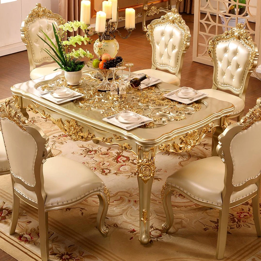 

European solid wood table champagne gold table square table American neoclassical table and chair combination