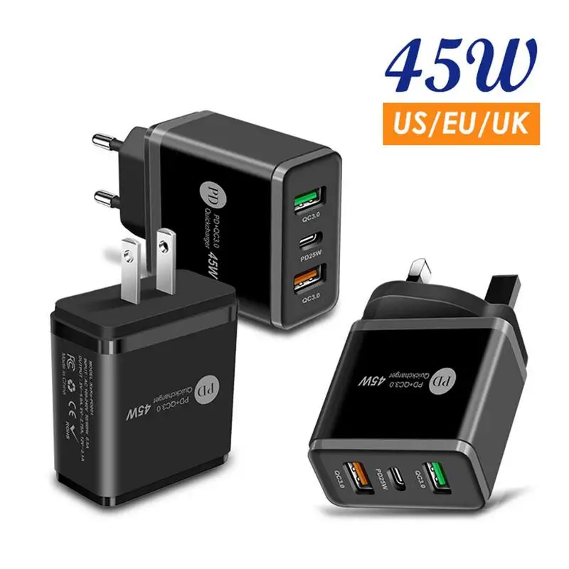 Блок зарядного устройства с двумя USB-портами, блок зарядного устройства с 3 портами, 45 Вт, блок сетевого зарядного устройства USB QC3.0 и ПК (Type-C 25 Вт + 20 Вт), блок зарядного устройства для телефонов и часов