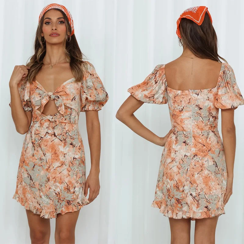 

2022European and American Spring/Summer New Sexy Backless Lace up Printed Slim Dress