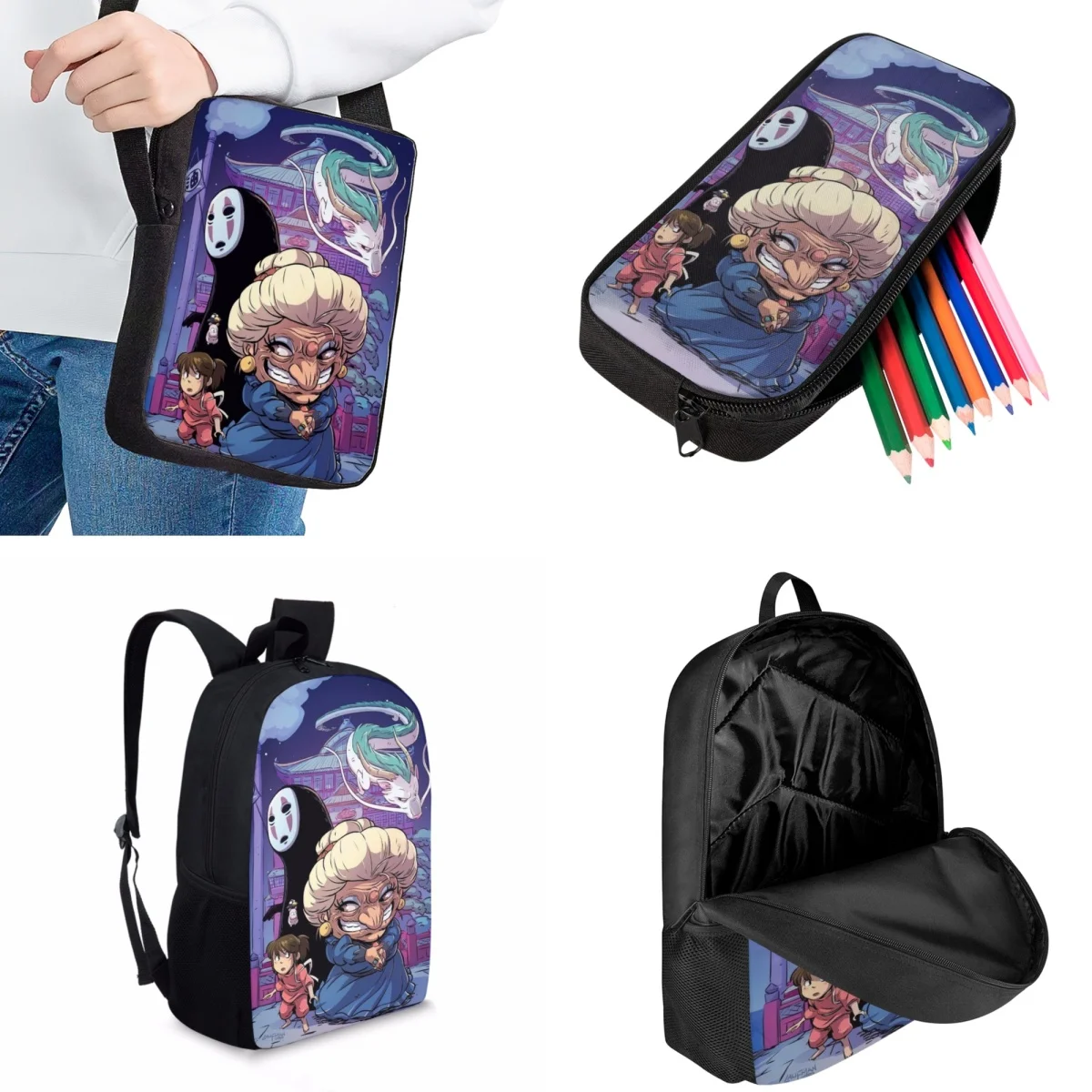 Jackherelook Children's School Book Bags 3pcs/Set Anime Spirited Away Fashionable School Bags Kids Travel Backpacks Lovely Gift
