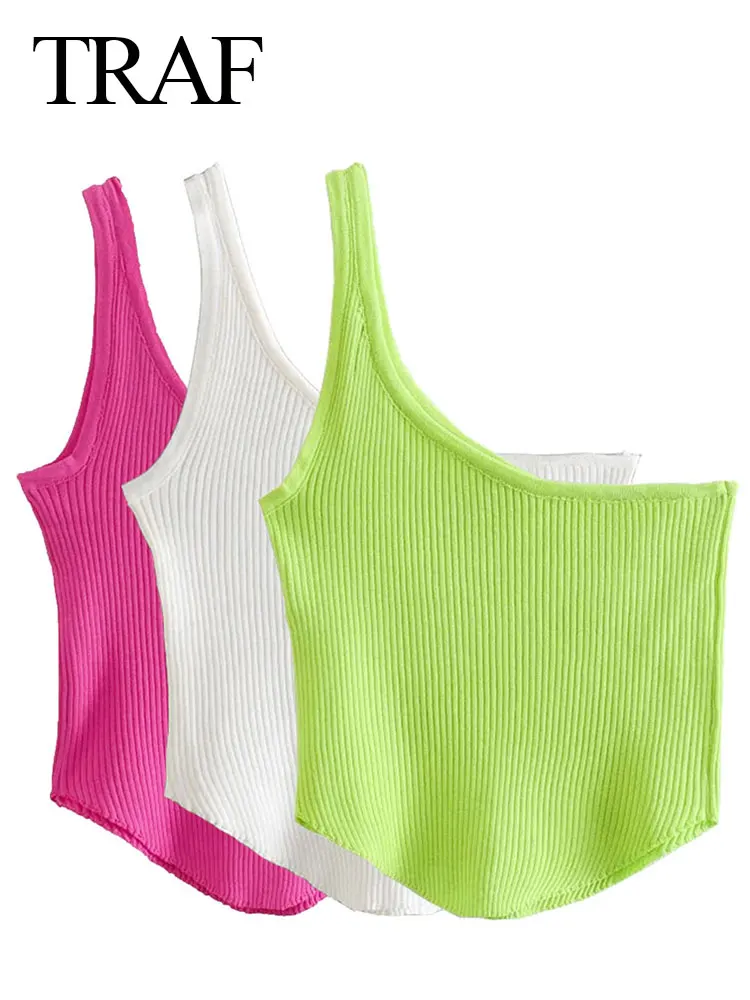 

TRAF Tricolor Versatile Elastic Comfortable Lady Vest Trend One Shoulder Knit Skin Friendly Rounded Hem Sling Women's Top