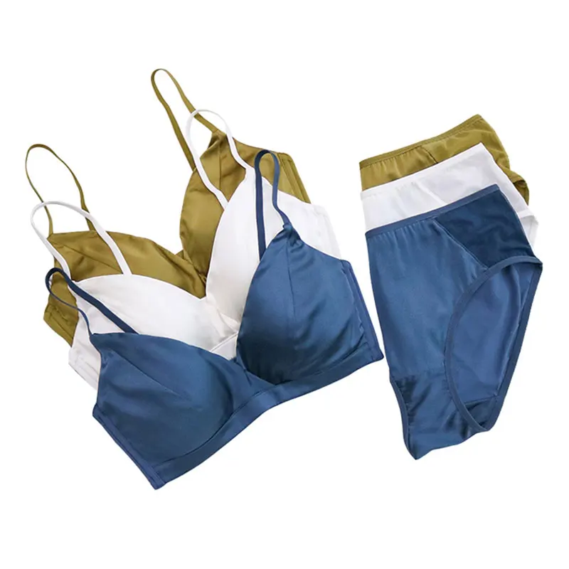 

Women Silk Bra Set 92% Natural Silk 8% Spandex Mold Cup Wire Free Bra With Underwear Panties Comfortable Intimates 8234