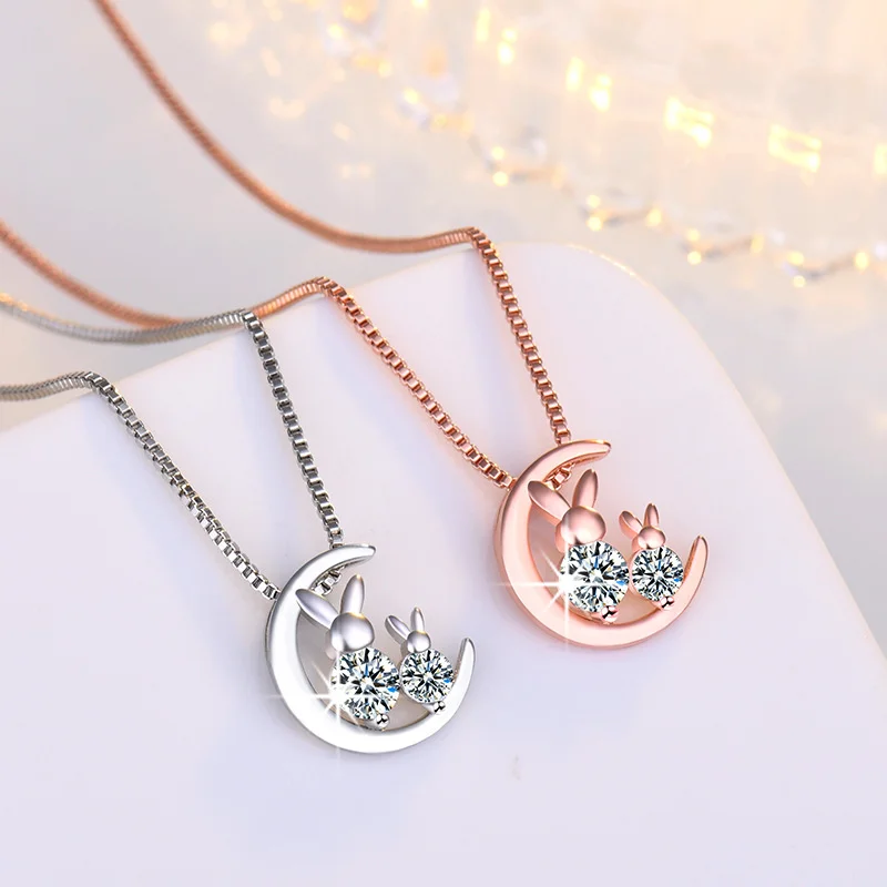 

Cute Moon Rabbits Pendant Necklace Women Jewelry Fashion Temperament Luxury Silver 925 Collarbone Chain Necklace Female Gift