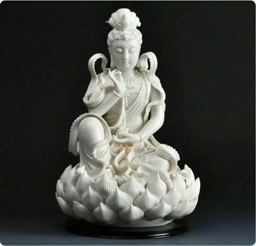 11.5" Chinese Dehua White Porcelain Lianhua Kwan-yin Guanyin Buddha Statue