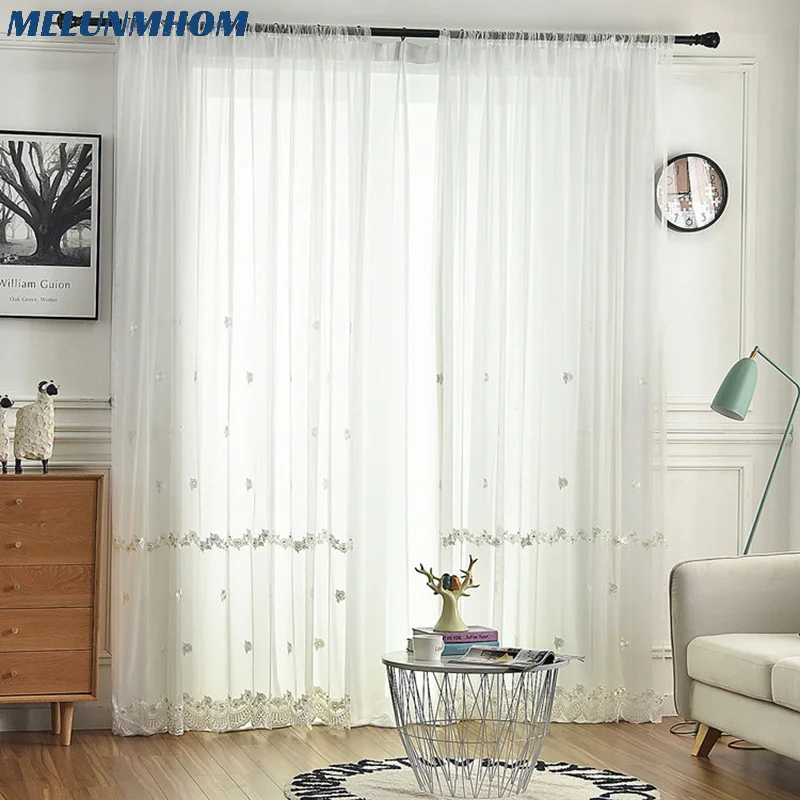 Melunmhom European White Embroidery Pearl Bead Lace Tulle Luxury Fancy Curtains for Bedroom Flower Sheer for Living Room Window