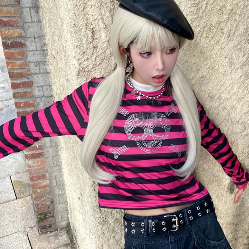 

Футболка Y2k Женская с длинным рукавом, пурпурно-красная Базовая рубашка в полоску, с круглым вырезом и стразами, с принтом черепа, осень 2022