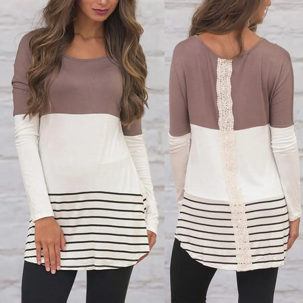 

2021 New Tops Women Casual Color Block Striped T Shirt Plus Size Lace Patchwork Long Sleeve T-Shirt Oversized Loose Tunic Top