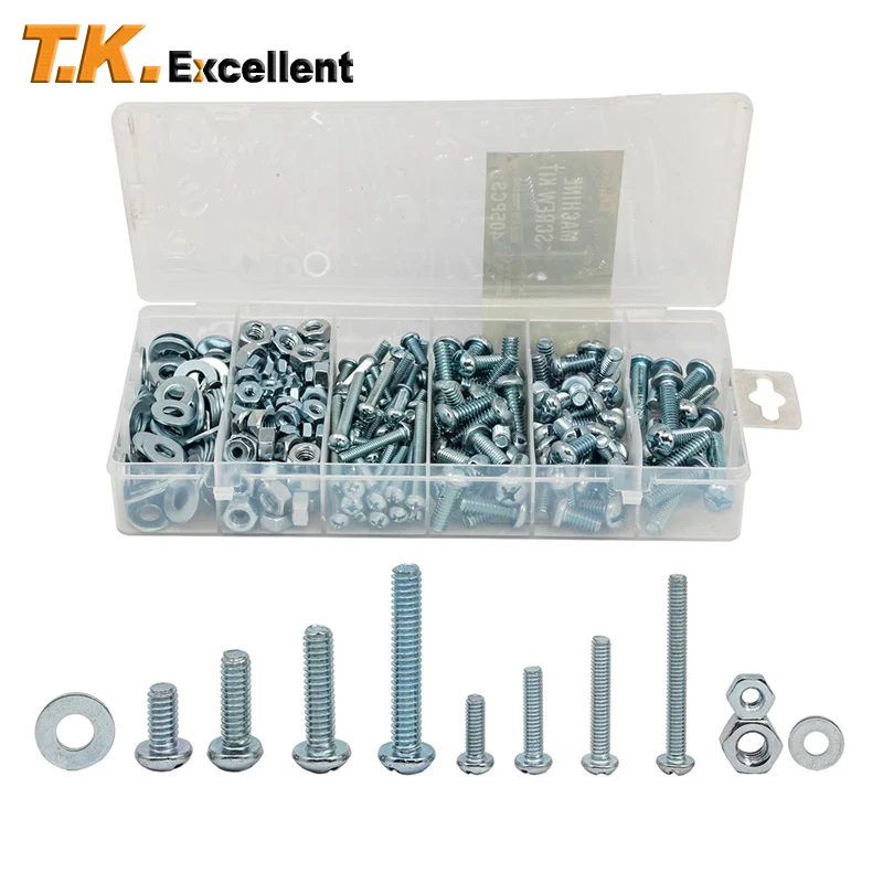 

Machine Screw and Hex Nut and Flat Washer #8-32 to #1/4-20 Phillips-Slotted Round Head Combo Drive Bolt Assortment Kit,405 Pcs