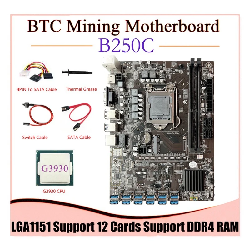 B250C BTC Mining Motherboard+G3930CPU+4PIN To SATA Cable 12GPU PCIE To USB3.0 Slot LGA1151 ETH Miner Motherboard
