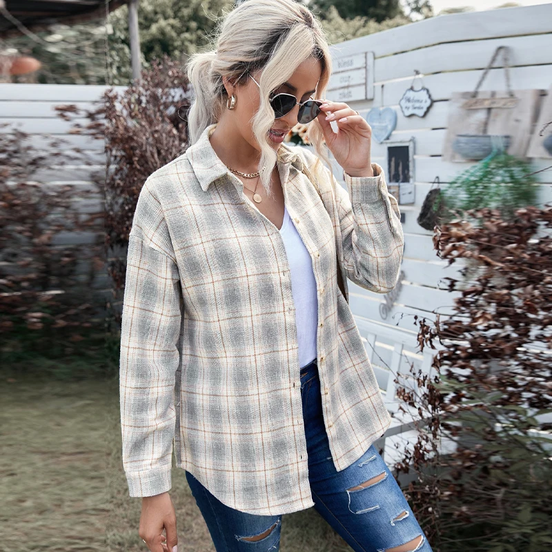 Buttoned Turn Down Collar Plaid Shirt New Fall Casual Single Breasted Shirt On Sale