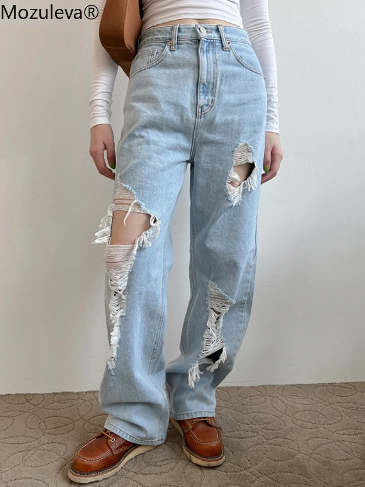 

Mozuleva Spring Summer Women Jeans Loose and Thin High Waist Fashion Trend Ripped Solid Color Casual Jeans