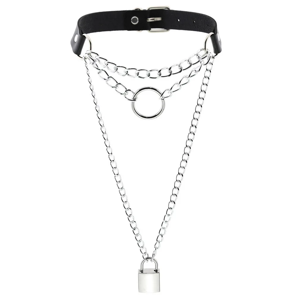 

ZIMNO Goth Stainless Steel Link Chains Necklace Punk Choker Sexy Collar Lock Pendant Necklaces for Women Leather Egirl Jewelry