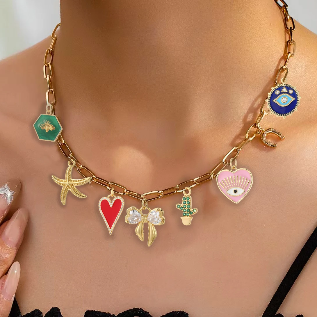 Ожерелье женское из нержавеющей стали милое сердце цветок сглаза голубой глаз