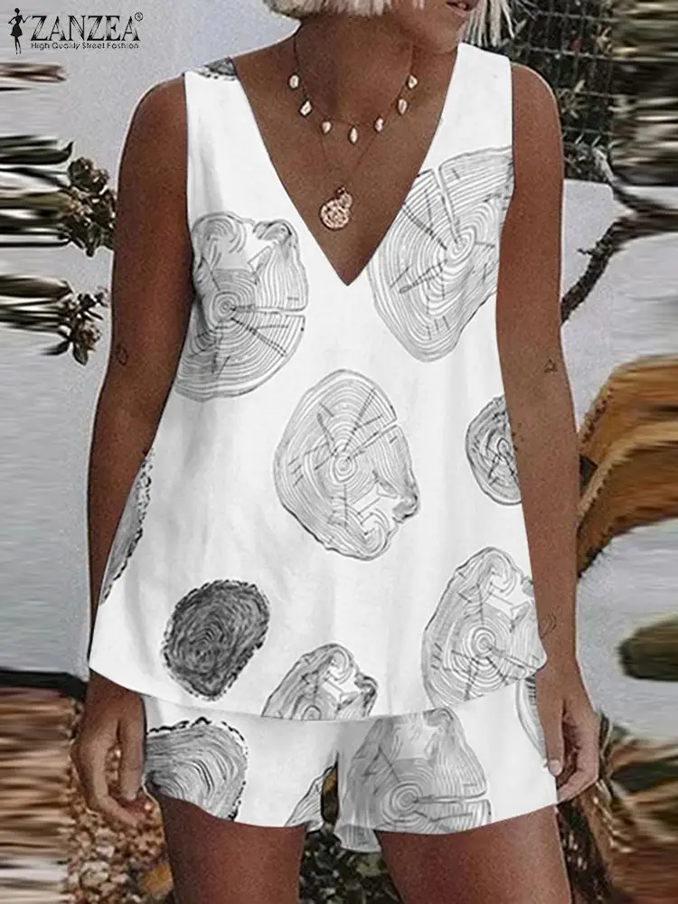 

ZANZEA Women Summer Printing Suit Matching Sets 2PCS Sleeveless V Neck Blouse Casual Vintage Cotton Elastic Waist Pant Suit 202
