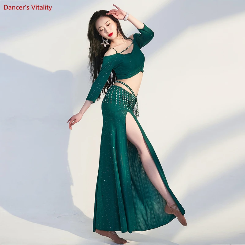 Женский костюм для танца живота топ с короткими рукавами + юбка кисточками