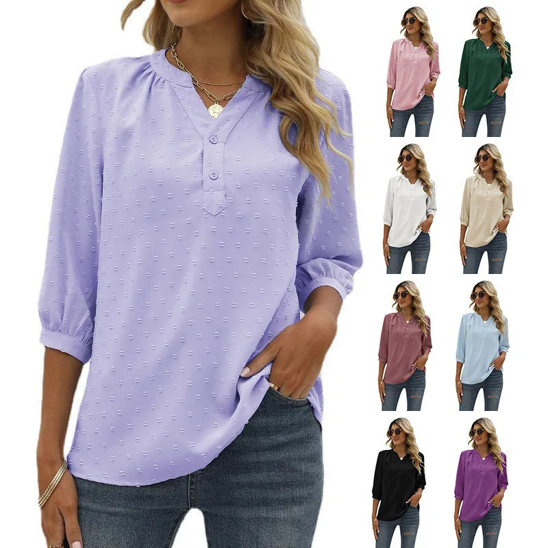 

Summer Solid Blouses For Women Fashion V Neck 3/4 Sleeve Elegant Office Shirts Female Loose Top Casual Oversized Chiffon Blouse
