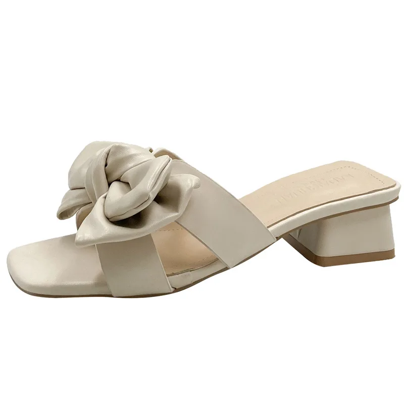 Thick-heeled Slides Sandals Slippers for Women to Wear in Summer 2022 New Fairy Style Bow with Skirt Net Red Beach Shoes