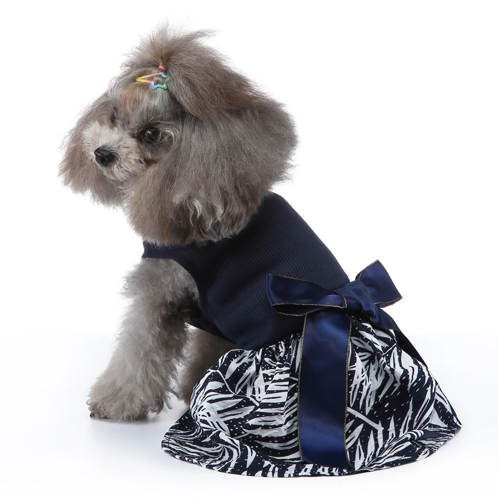 Navy Blue Bow Leaf Texture Party Mascot  Dress Short Skirt Pet Dog Vest Puppy Summer Cute Luxury Designer Fashion Clothes