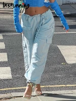 instunning y2k loose streetwear cargo pants women casual drawstring bandage blue pants 2022 pockets fashion summer lady trousers