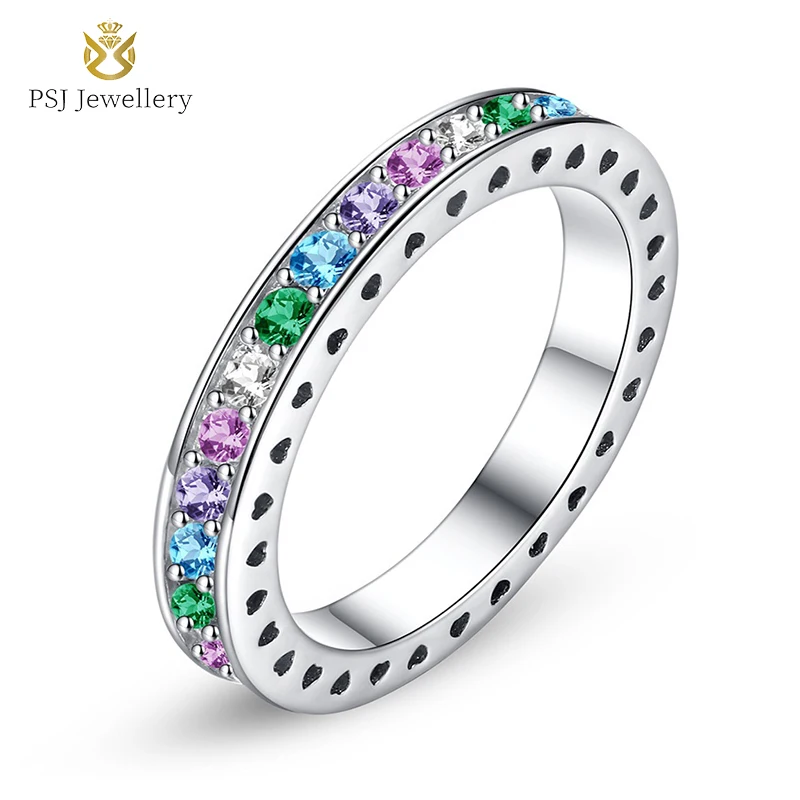 

PSJ Fashion Trendy Jewelry 3MM Rhodium Plated Colorful Cubic Zircon Inlay 925 Sterling Silver Rings for Women
