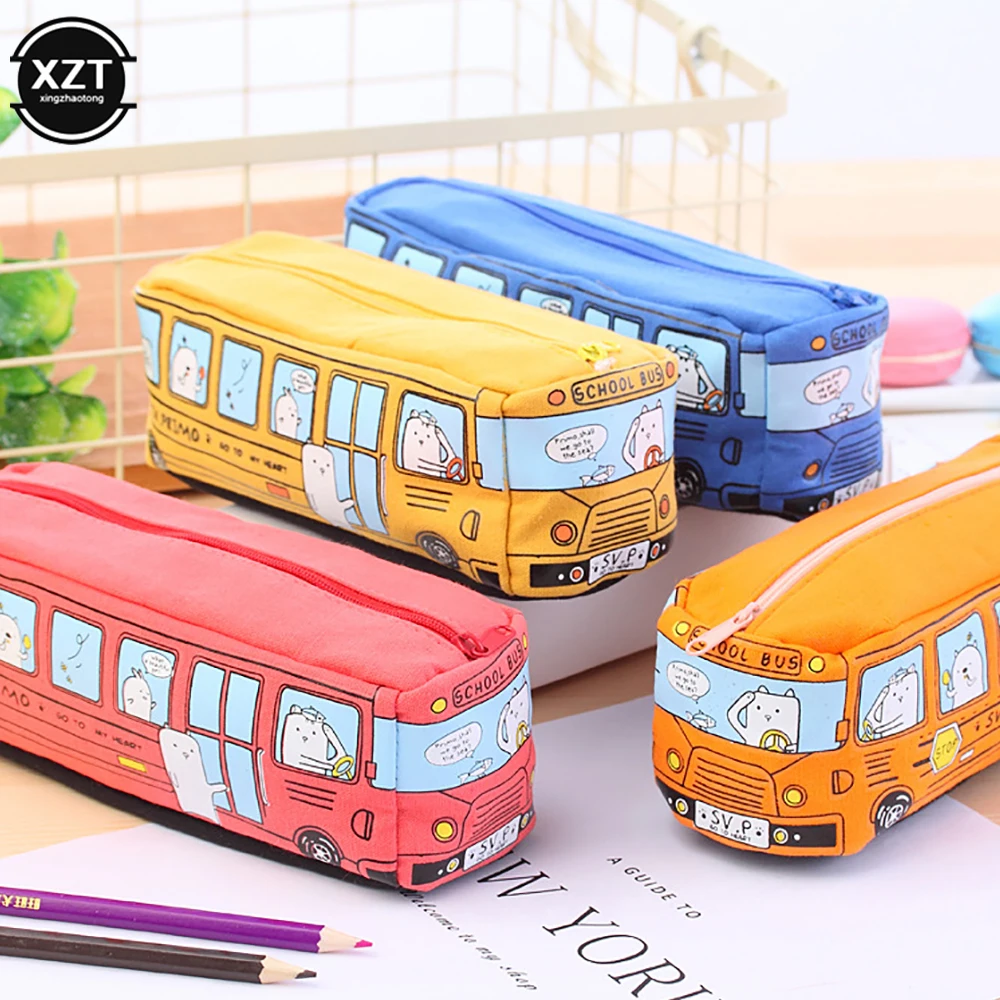

Bus Cute Pencil Case Canvas Stationery Box Large Capacity Pen Bag School Pencil Cases For Children Pen Case Kawaii Student Gifts