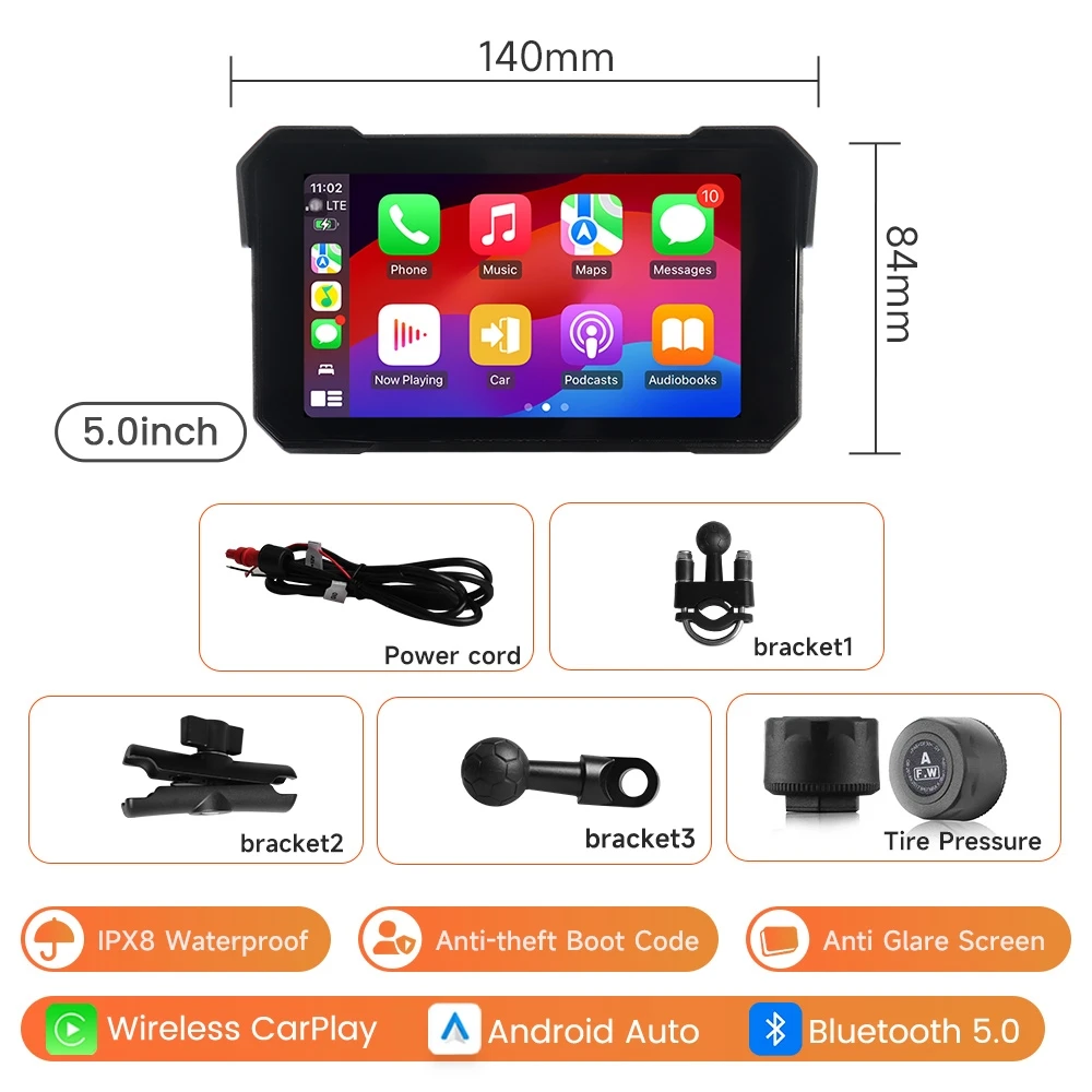 

Портативный мотоциклетный экран, беспроводной CarPlay, Android, GPS-навигация, мультимедийный плеер, IPX7, водонепроницаемый экран, Bluetooth, TPMS