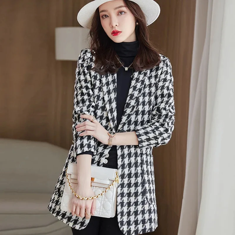 

Plaid Blazer Women Jacket 2023 Autumn Winter Thicken Houndstooth Woolen Suit Coat British Style Temperament Outerwear Female