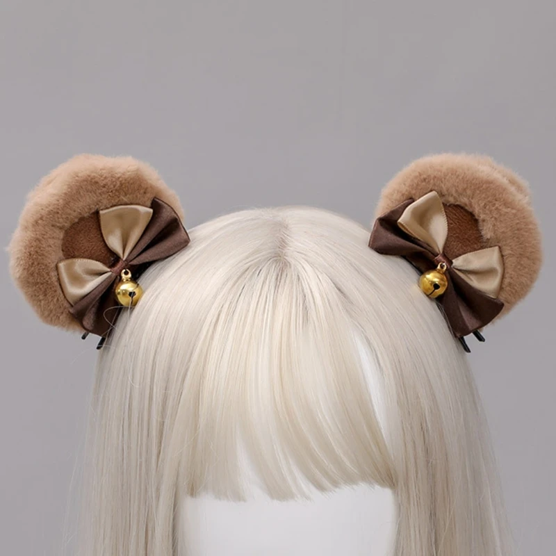 Handgemachte Kunst pelz runde Bären ohren Haars pange süße Doppel Bowknot Glocke Plüsch Tier Haarnadeln Anime Lolita Kawaii Cosplay – Detail 1