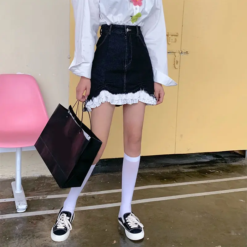 

Y2k Girls Chic Sweet Lace Patchwork Mini Jean Skirts Female Summer Women Casual Designer Korean Japanese Style Harajuku Skirts