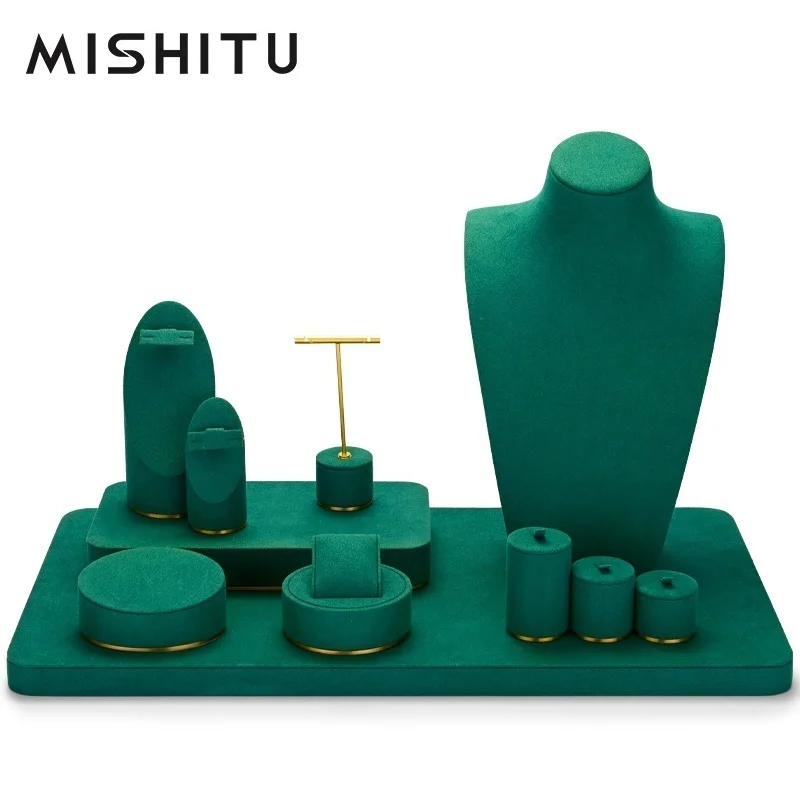 

MISHITU Wooden Necklace Bust Metal Jewelry Props Set Resin Earring Display Stand Microfiber Bangle Display Tray Newly Green
