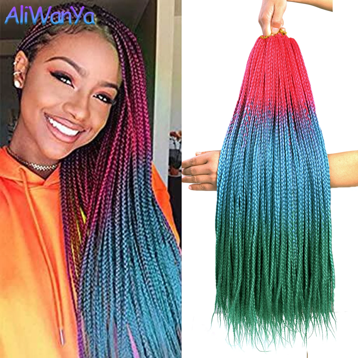 Box Braids Crochet Hair Synthetic Ombre Braiding Hair Extensions For Women Hook Hair Rainbow Braid Synthetic Colored Box  Braid