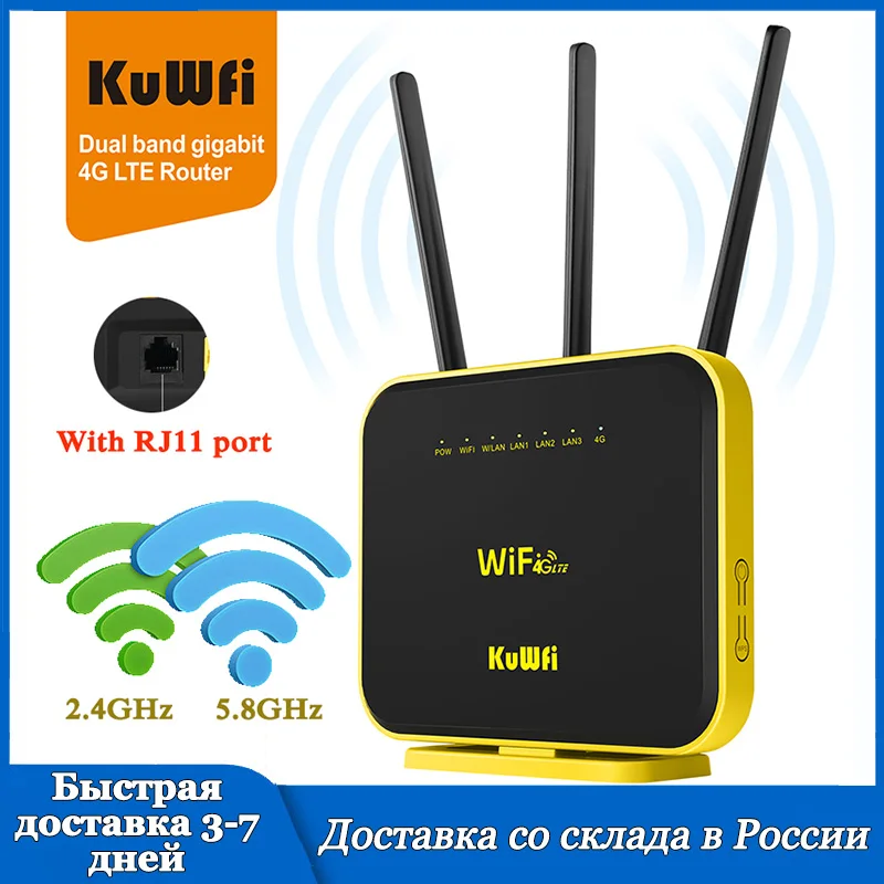 KuWFi Gigabit 4G Router 2.4GHz/5GHz 1200Mbps Wifi Repeater VPN External Signal Amplifier 4G WIFI Router With Sim Card 128MB CPU