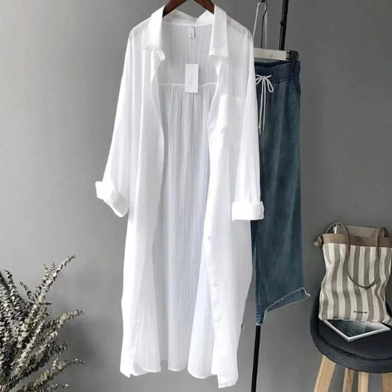 

Summer Thin Cardigan Long-sleeved Sunscreen Breathable Windbreaker Over-the-knee Shirt Female Jacket Mid-length Shirt Female