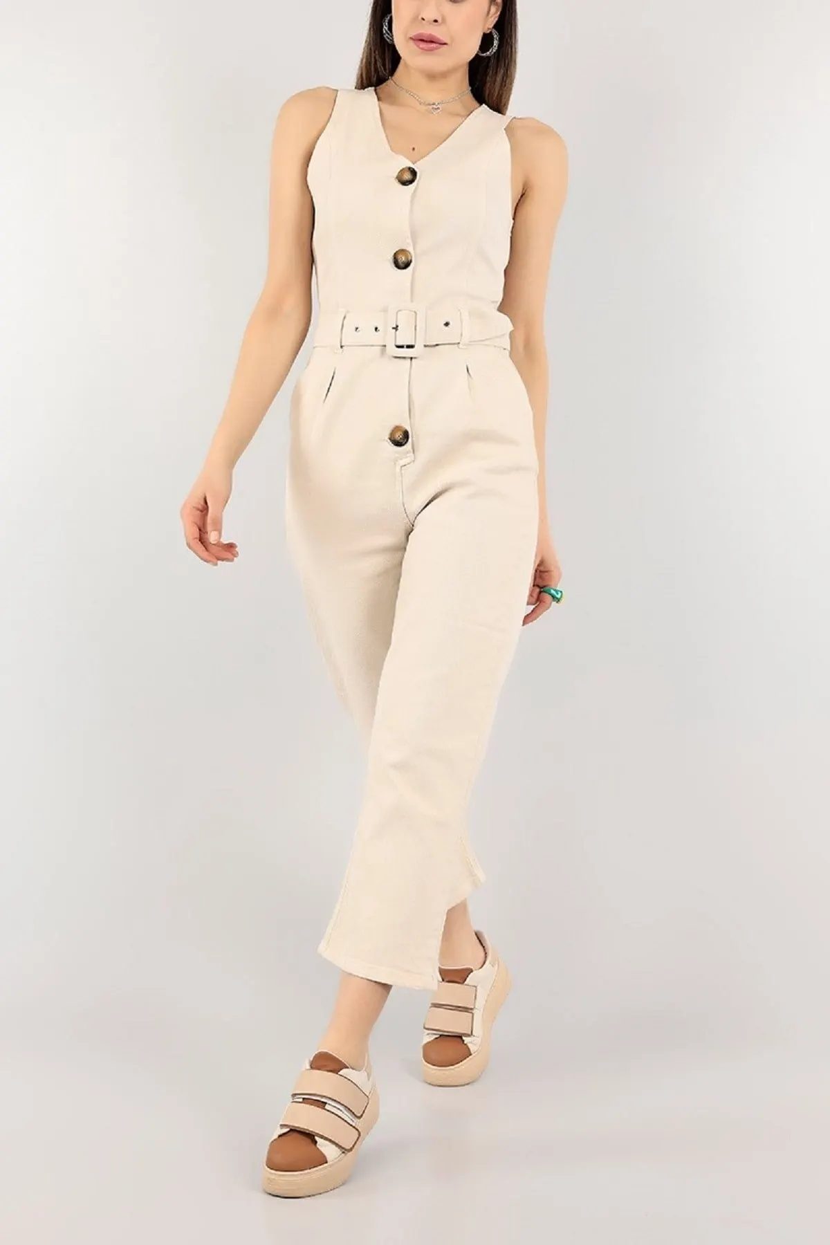

Women's Overalls Beige Belt Pocketed Wide Leg Denim Hot Style Quality Fabric Sleeveless Baggy Trousers Casual Jumpsuit