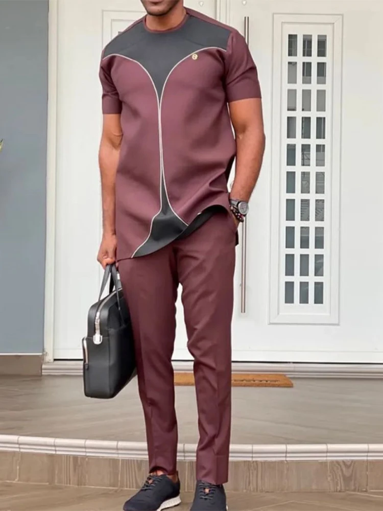 Ramadan Eid Muslim Fashion Men Suit Kaftan Arabia Dubai Abaya Short Sleeve Casual Loose Islamic Clothing Two Piece Sets 2022