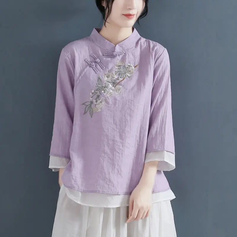 

Top Retro Cotton Linen Shirt Fake Two Pieces Embroidery Blouse Women Loose Spring Fall Stand Collar Chinese Plate Button Blouses