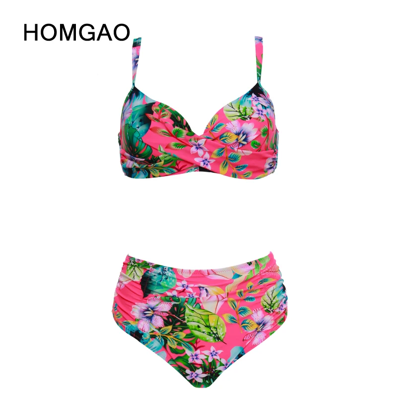 

HOMGAO Pink Print High Waist Bikini Set Swimsuit Sexy V-Neck Women's Swimwear Push Up L-4XL Large Size Bathing Suit Beachwear