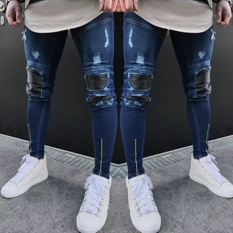 New2022 Newest Arrivals Fashion Men's Washed Ripped Destroyed Jeans Straight Vintage Frayed Denim Zipper Street Biker Pants