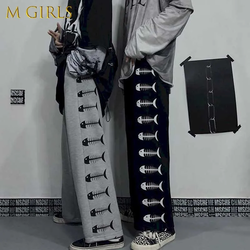 

M GIRLSHarajuku style high street pants men and women dark line men's retro original pants men and women autumn fish bone print
