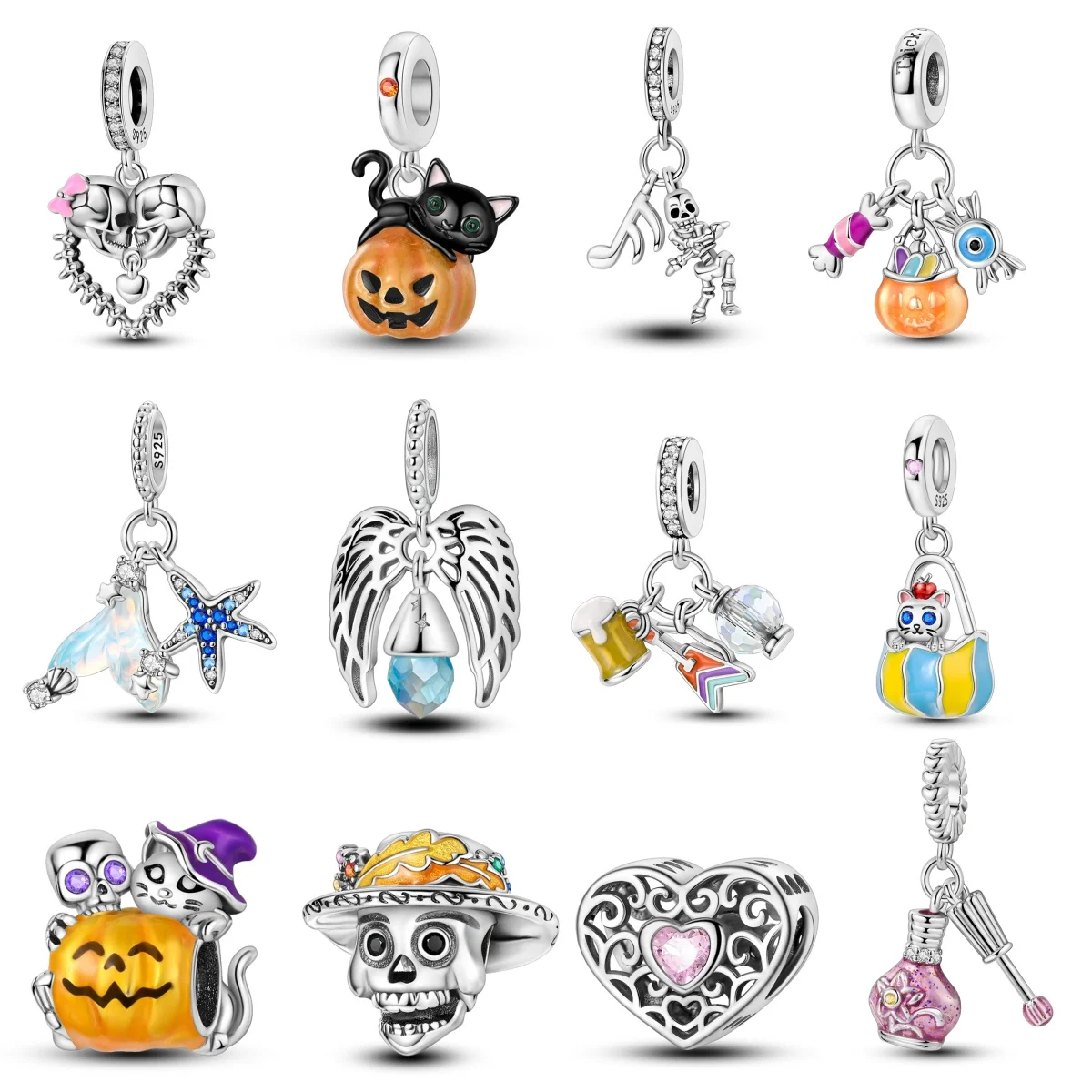 Серебряный Кулон 925 Дизайн С Черным Котом И Тыквой Для Браслетов Pandora Светящиеся