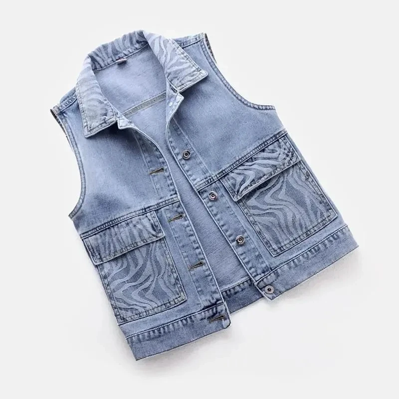 

Lapel Embroidery Casual Sleeveless Coats Women’s Vintage Denim Vests Outwears Chic Fit Oversized 5XL Cowboy Waistcoat Jackets