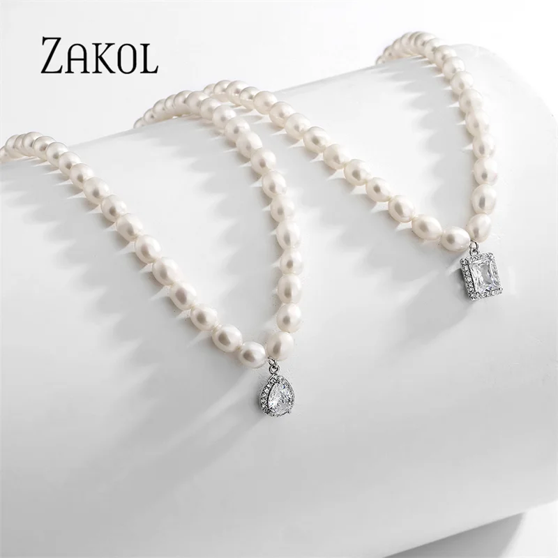 

ZAKOL New Design Korean Retro Geometric Natural Pearl Necklaces Temperament Metal Chain Choker for Cool Girls Party Jewelry